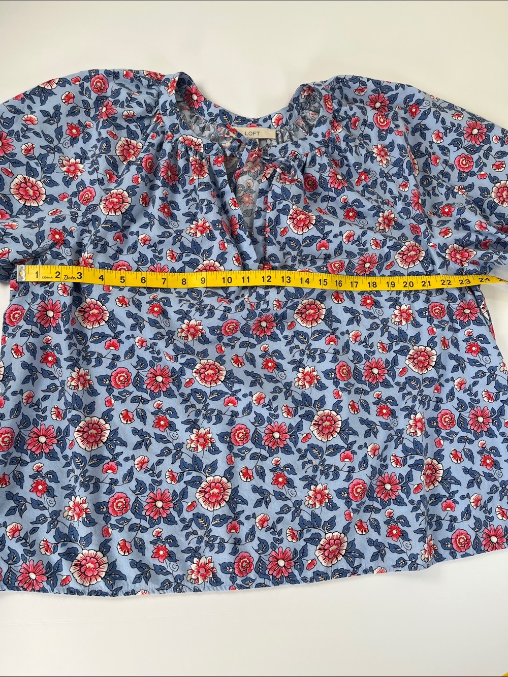 LOFT Blue Floral Puff-Sleeve Blouse with Red and Pink Flowers Sz XXL - Picture 4 of 9